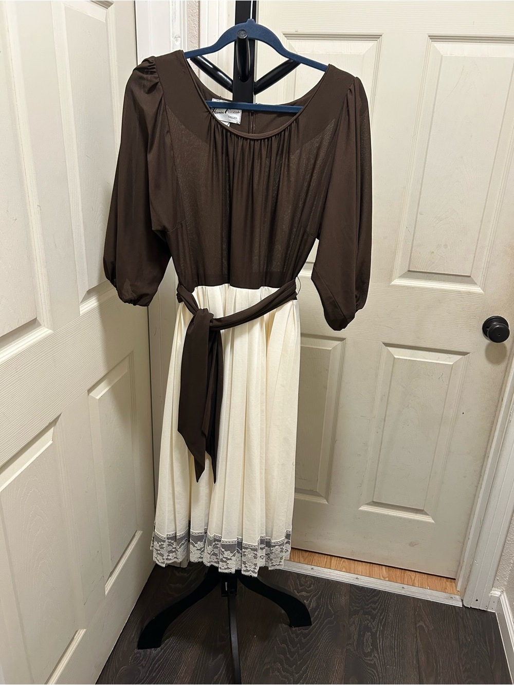 Vintage 1960s - 1970s Brown and Cream Two-Tone Midi Dress with Waist Tie